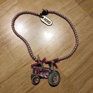 XOXO Pink pearl necklace with tractor charm